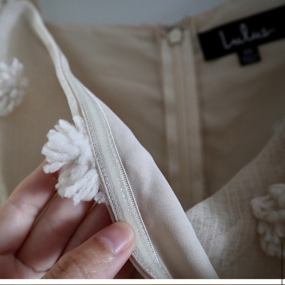 Lulus Beige Pom Pom Puff Sleeve Mini Dress - Picture 7 of 7